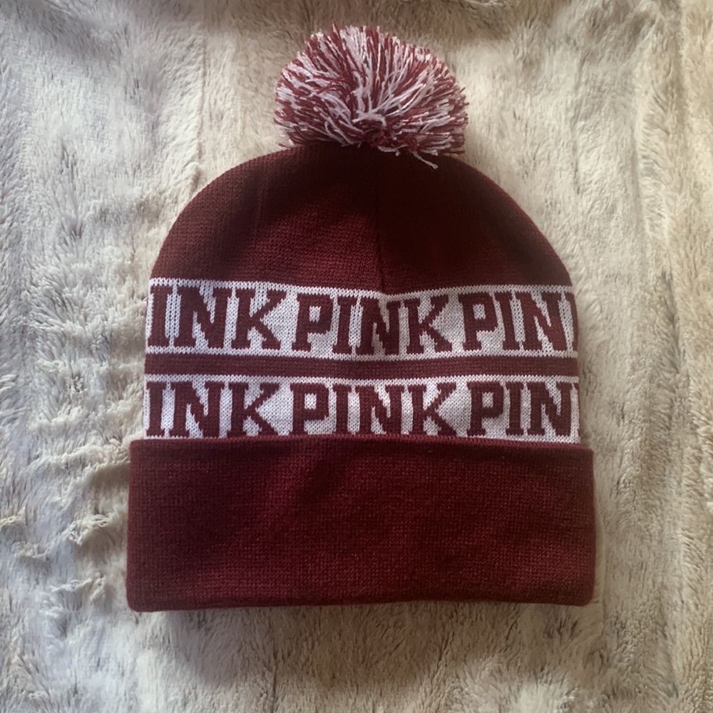 PINK VICTORIA’S SECRET winter hat/cap with puffball topper (NEW)